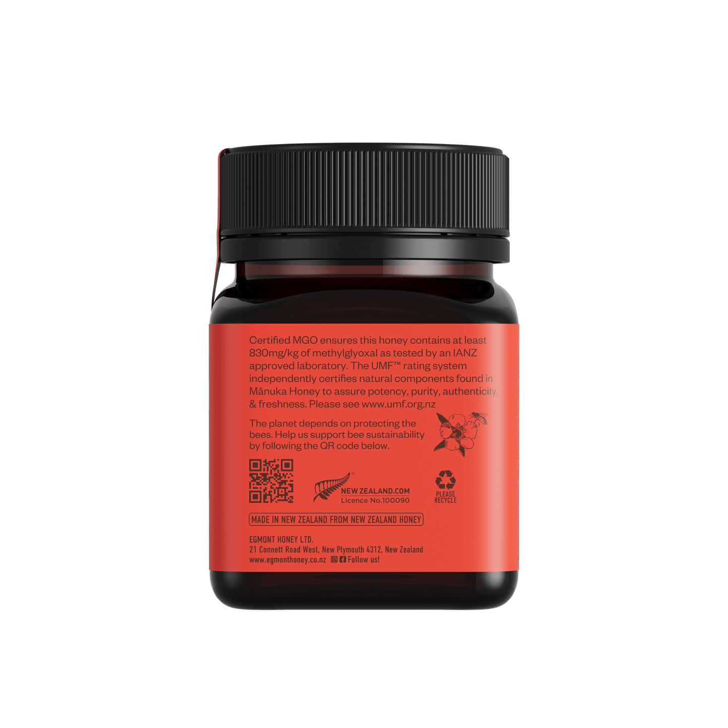 Egmont Manuka Honey MGO 830+ (UMF 20+) jar front label